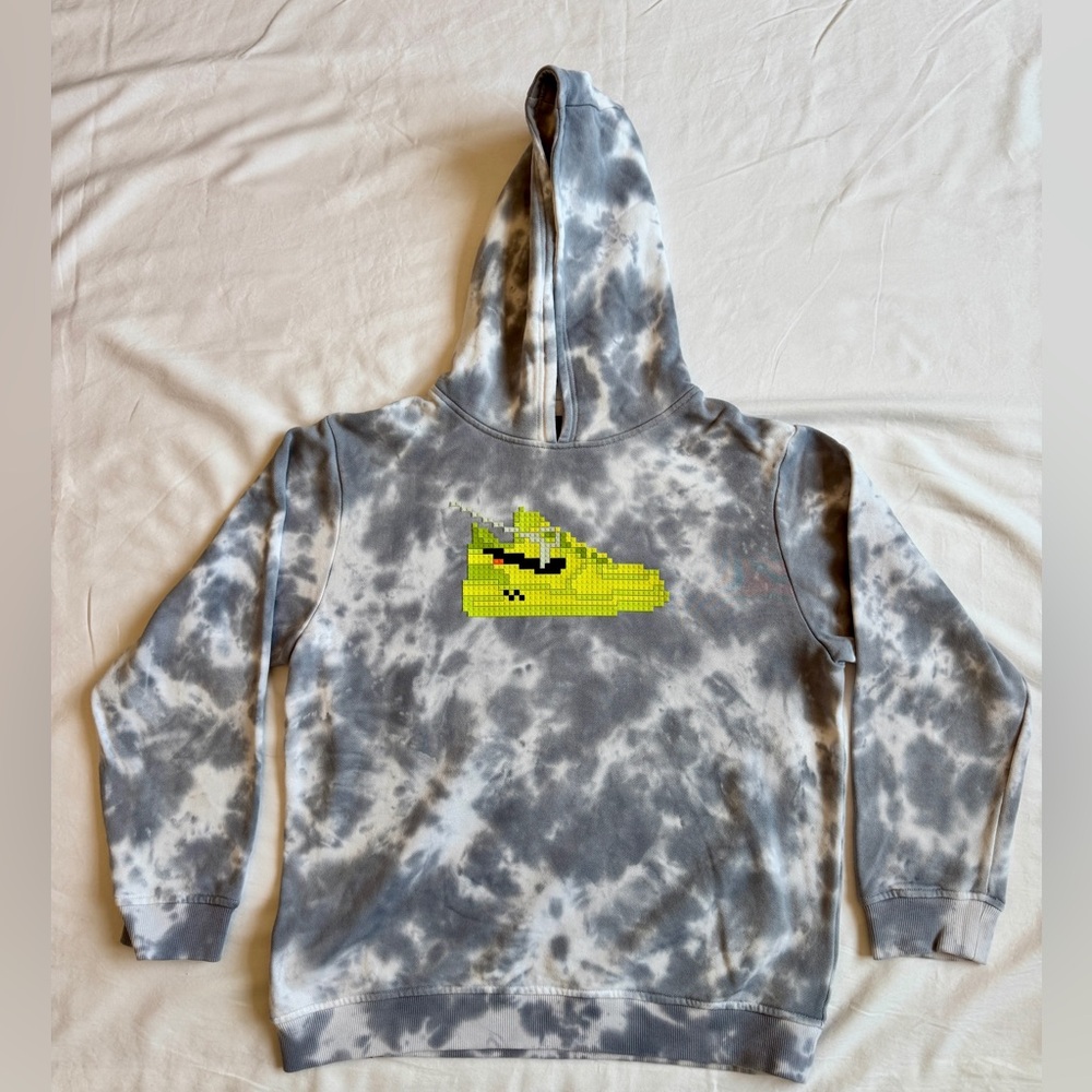 Kids Tie-Dye Gray Hoodie with Neon Yellow Sneaker Graphic